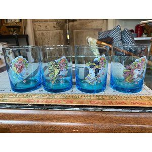 ED HARDY 4 Blue Kiss of Death Double Old Fashion Rock Glasses Christian Audigier